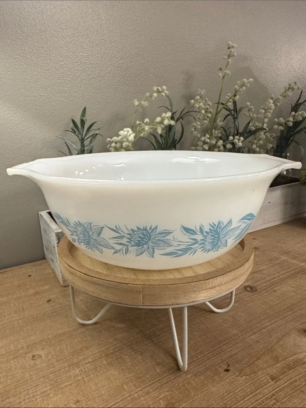 Vintage Glasbake milk glass “Blue Thistle”Cinderella-style mixing bowl